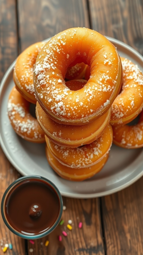 A stack of no-yeast donuts dusted with powdered sugar on a wooden table, with a bowl of chocolate glaze and sprinkles.